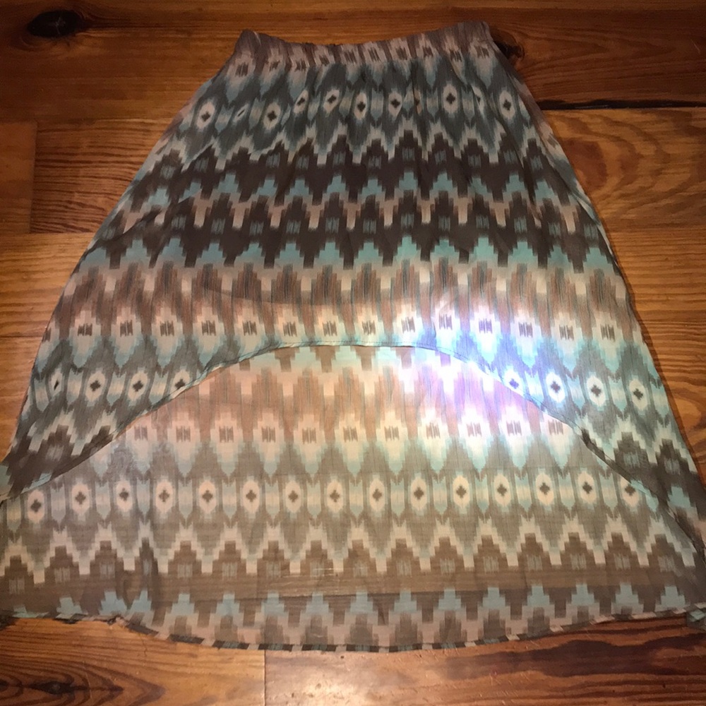 Kirra brown blue orange sheer skirt (outerlayer) and brown mini skirt (underneat